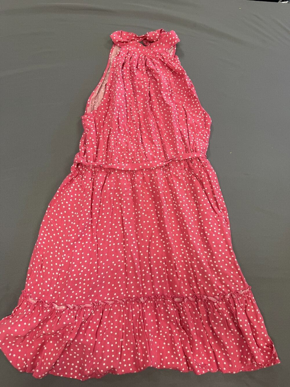 WOMAN POLKA DOT BOW MIDI DRESS PINK / WHITE TIE POCKETS SUMMER XL